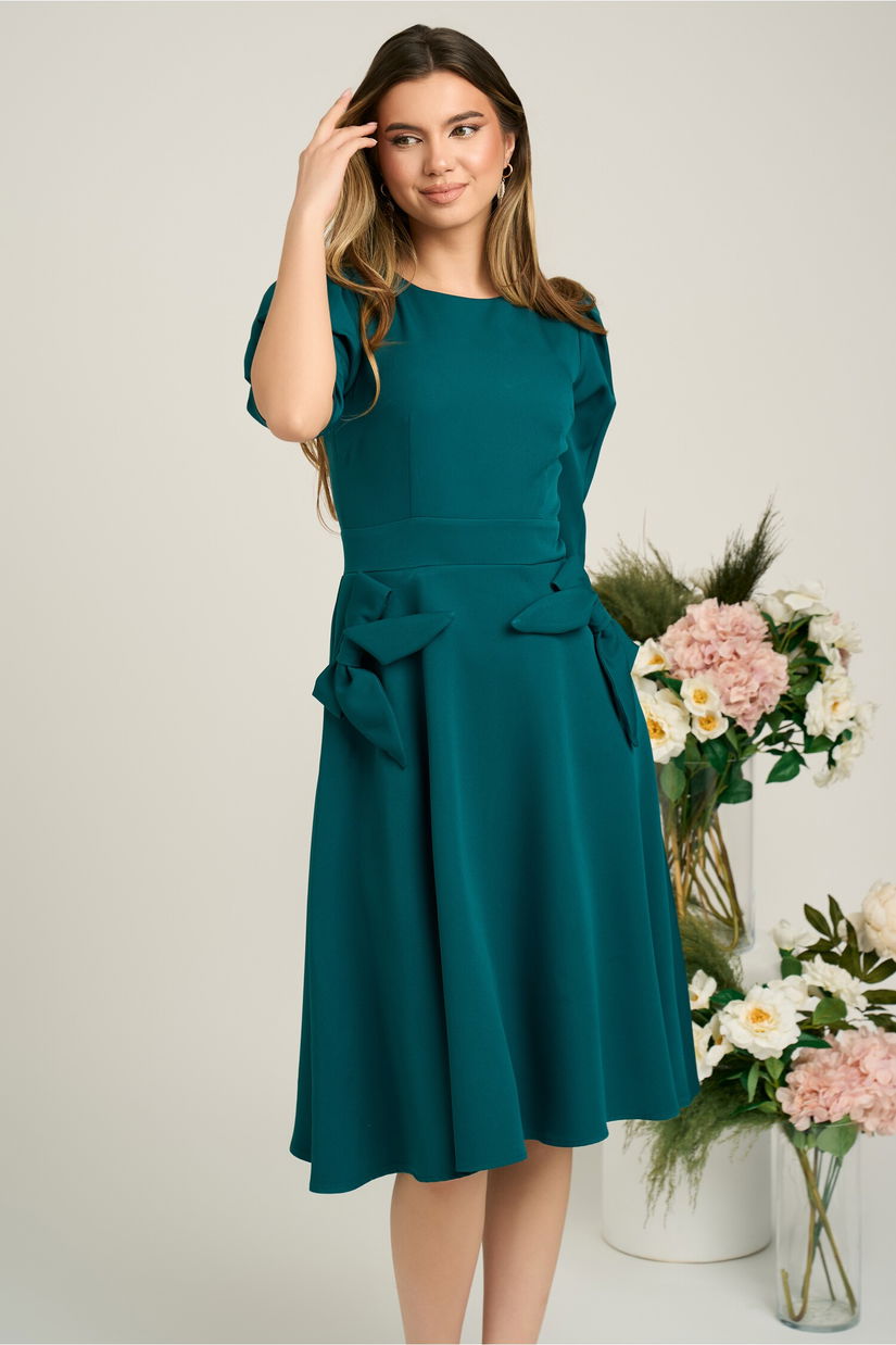 Rochie Ella Collection Quinn office din stofa verde cu funde la buzunare