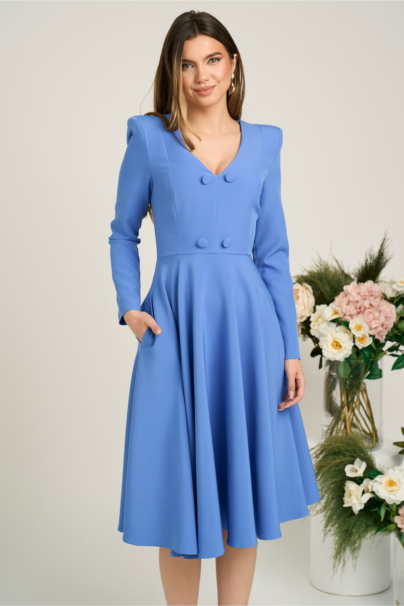 Rochie office din stofa bleu cu nasturi la bust