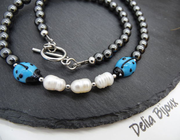 Colier handmade unicat - perle cultura, hematit, sticla Murano (cod1216)