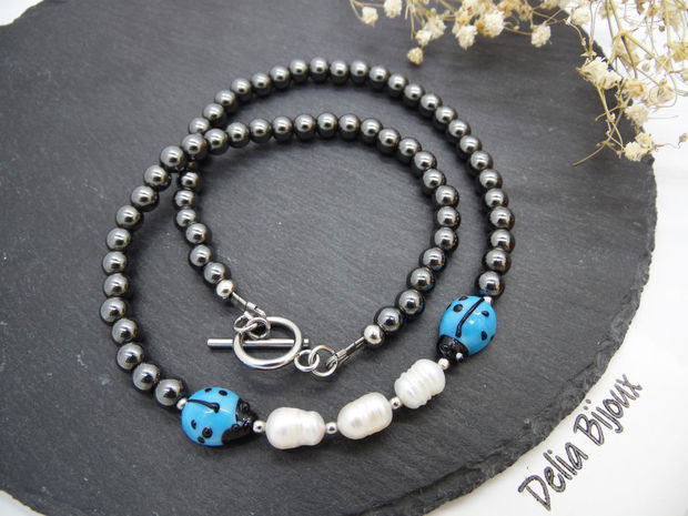 Colier handmade unicat - perle cultura, hematit, sticla Murano (cod1216)