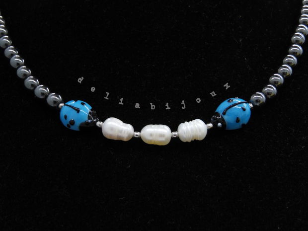 Colier handmade unicat - perle cultura, hematit, sticla Murano (cod1216)