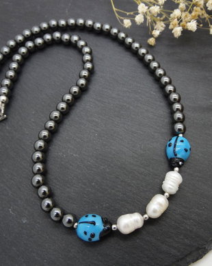 Colier handmade unicat - perle cultura, hematit, sticla Murano (cod1216)