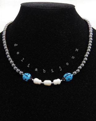 Colier handmade unicat - perle cultura, hematit, sticla Murano (cod1216)