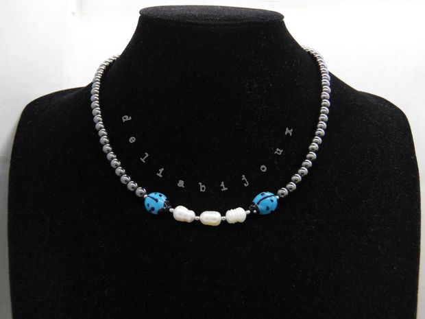 Colier handmade unicat - perle cultura, hematit, sticla Murano (cod1216)