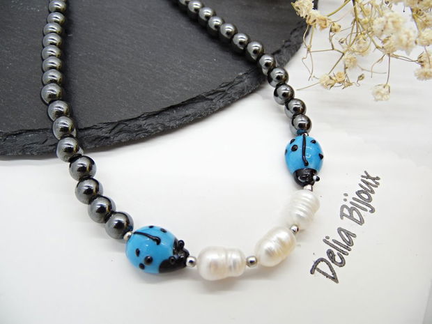 Colier handmade unicat - perle cultura, hematit, sticla Murano (cod1216)