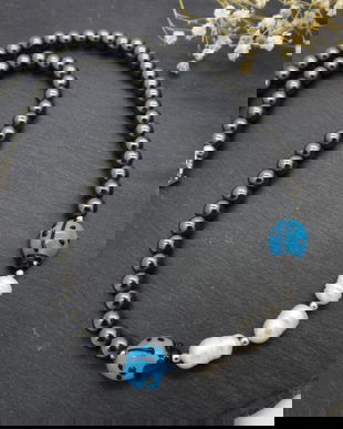 Colier handmade unicat - perle cultura, hematit, sticla Murano (cod1216)