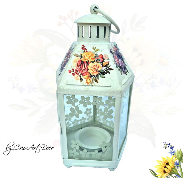 Felinar decorativ alb din metal cu model trandafiri - 115541