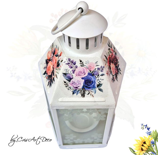Felinar decorativ alb din metal cu model trandafiri - 115541