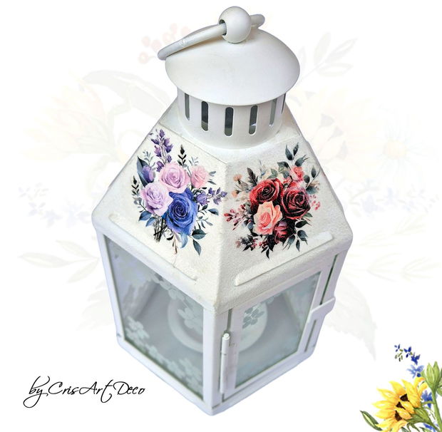 Felinar decorativ alb din metal cu model trandafiri - 115541