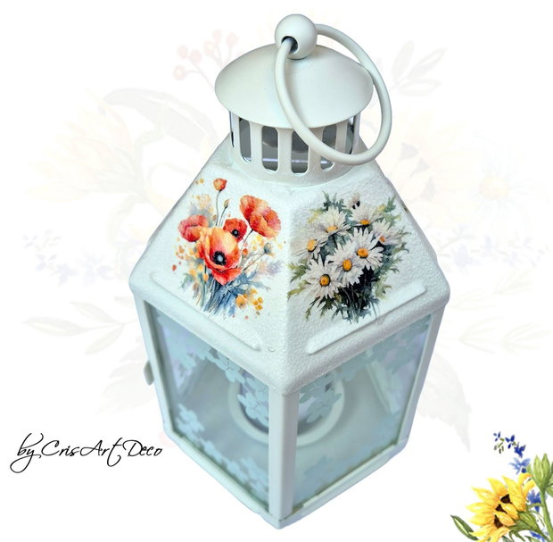 Felinar decorativ alb din metal cu model buchete de flori romantic - 120007