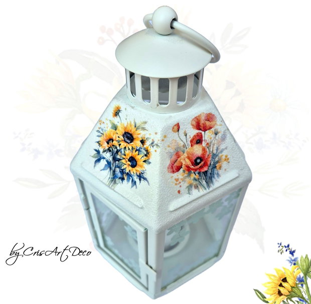 Felinar decorativ alb din metal cu model buchete de flori romantic - 120007