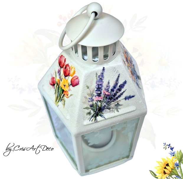 Felinar decorativ alb din metal cu model buchete de flori romantic - 120007