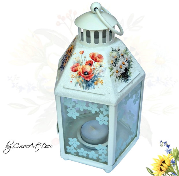 Felinar decorativ alb din metal cu model buchete de flori romantic - 120007