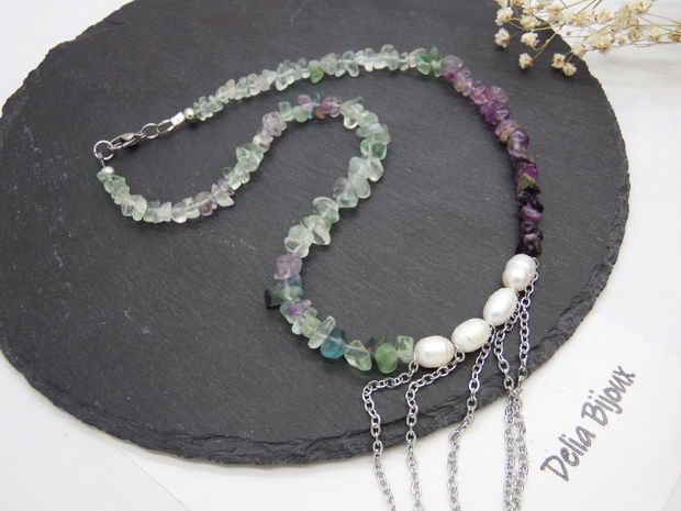 Colier handmade unicat - fluorit si perle cultura (cod1217)