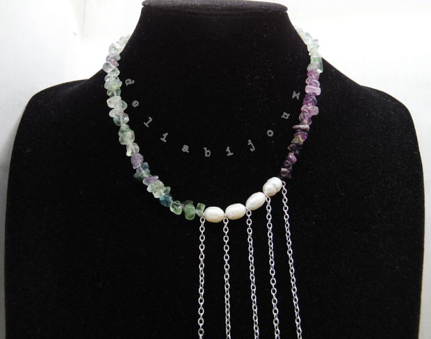 Colier handmade unicat - fluorit si perle cultura (cod1217)