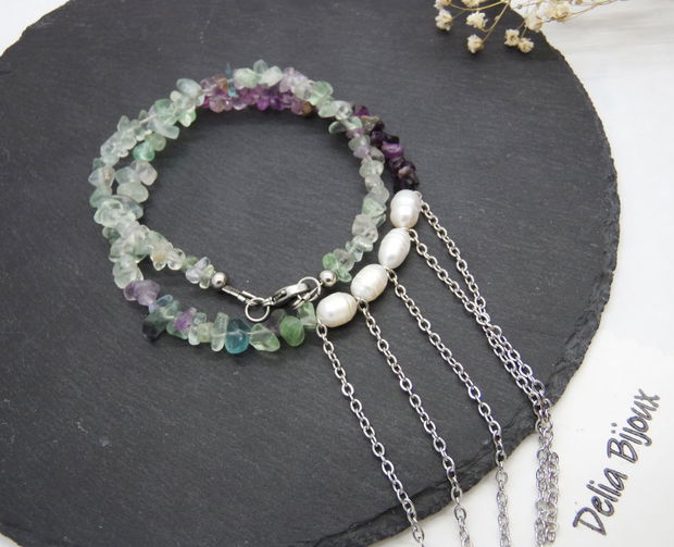 Colier handmade unicat - fluorit si perle cultura (cod1217)