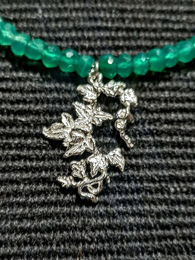 Colier argint onix verde ombre gradient degrade charm iedera ramura frunze lant argint minimalist boho chic trendy