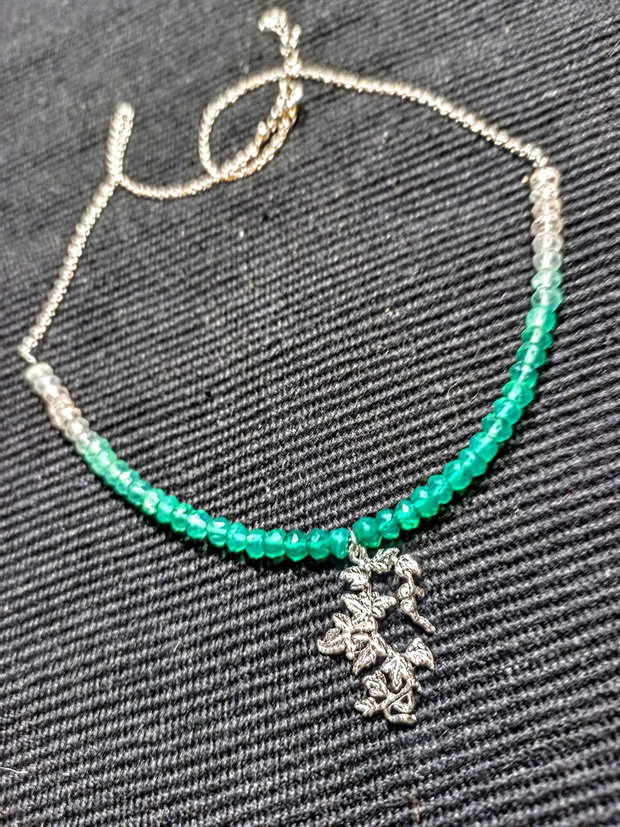 Colier argint onix verde ombre gradient degrade charm iedera ramura frunze lant argint minimalist boho chic trendy
