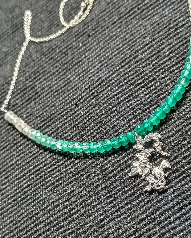 Colier argint onix verde ombre gradient degrade charm iedera ramura frunze lant argint minimalist boho chic trendy