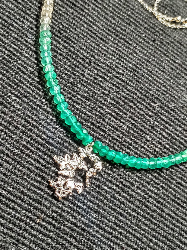 Colier argint onix verde ombre gradient degrade charm iedera ramura frunze lant argint minimalist boho chic trendy