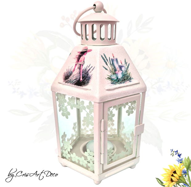 Felinar decorativ alb din metal cu model lavanda - 120806