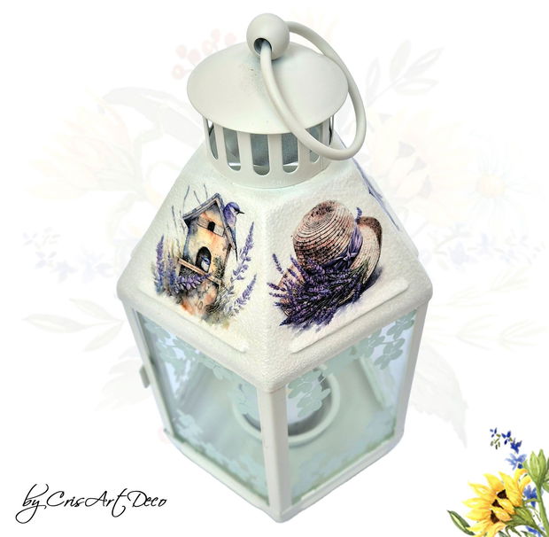 Felinar decorativ alb din metal cu model lavanda - 120806