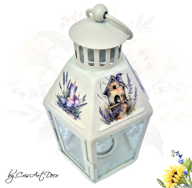 Felinar decorativ alb din metal cu model lavanda - 120806