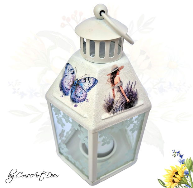 Felinar decorativ alb din metal cu model lavanda - 120806
