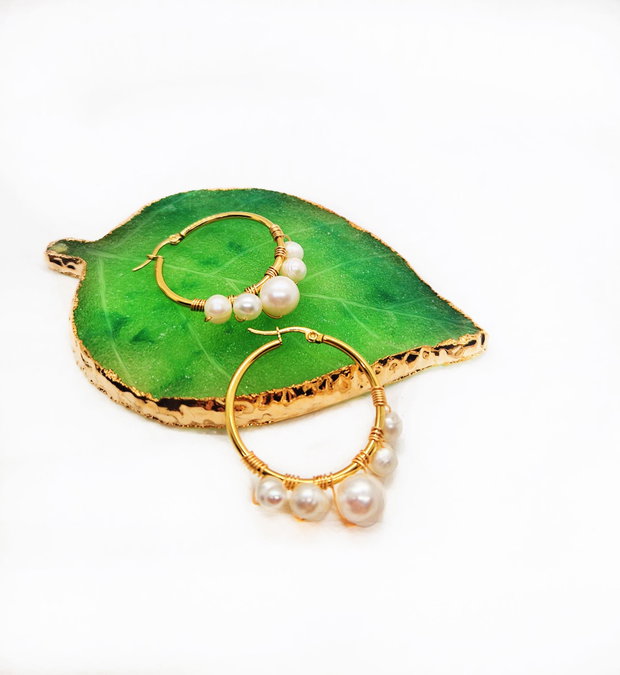Cercei "Pearl Hoop" din inox si perle de cultura