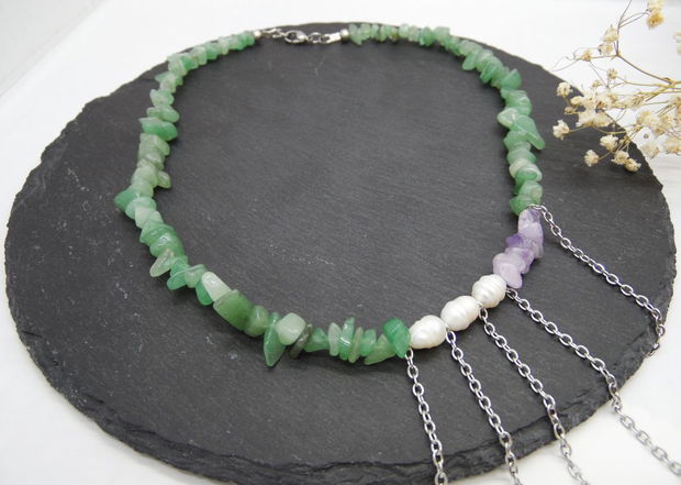 Colier handmade unicat - aventurin, ametist perle cultura (cod1218)