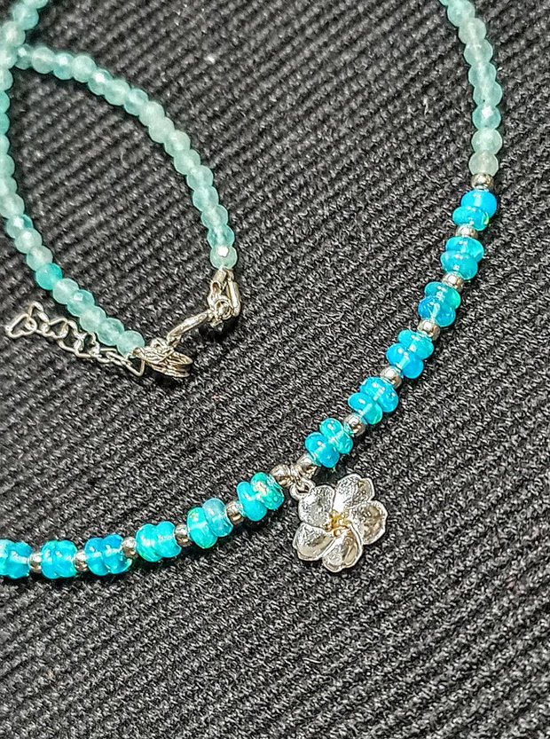 Colier argint opal de foc Paraiba calcedonie aqua charm floare argint vermeil 2 tonuri minimalist boho chic trendy - Transport gratuit