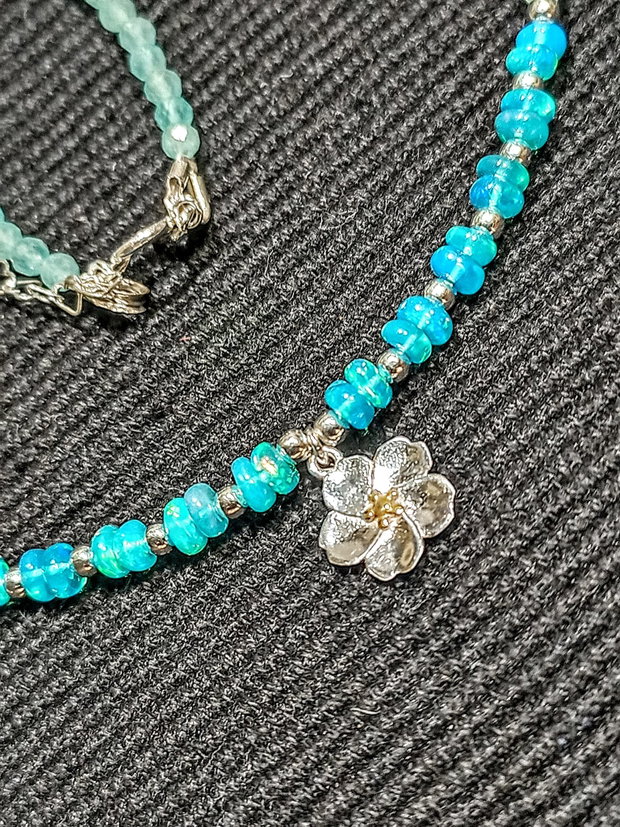 Colier argint opal de foc Paraiba calcedonie aqua charm floare argint vermeil 2 tonuri minimalist boho chic trendy - Transport gratuit