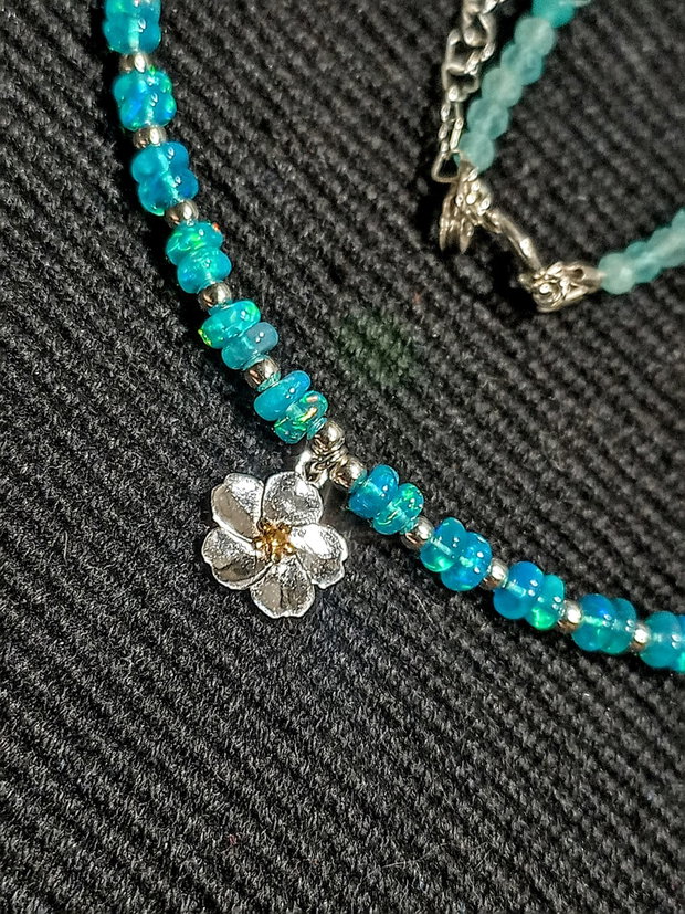 Colier argint opal de foc Paraiba calcedonie aqua charm floare argint vermeil 2 tonuri minimalist boho chic trendy - Transport gratuit