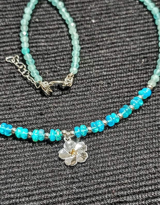 Colier argint opal de foc Paraiba calcedonie aqua charm floare argint vermeil 2 tonuri minimalist boho chic trendy - Transport gratuit