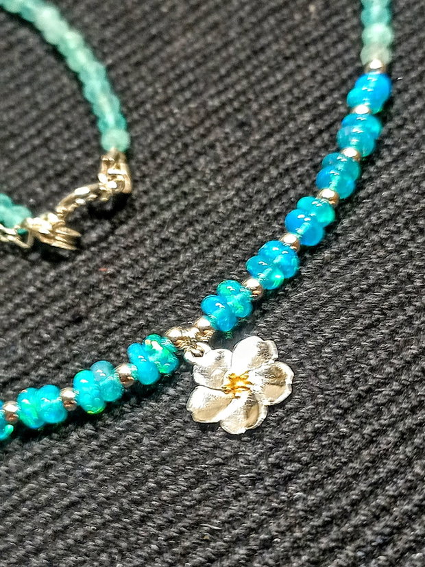 Colier argint opal de foc Paraiba calcedonie aqua charm floare argint vermeil 2 tonuri minimalist boho chic trendy - Transport gratuit
