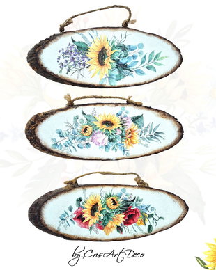 Set de tablouri pe felii de lemn cu buchete de floarea soarelui, maci, bujori, lavanda 131137