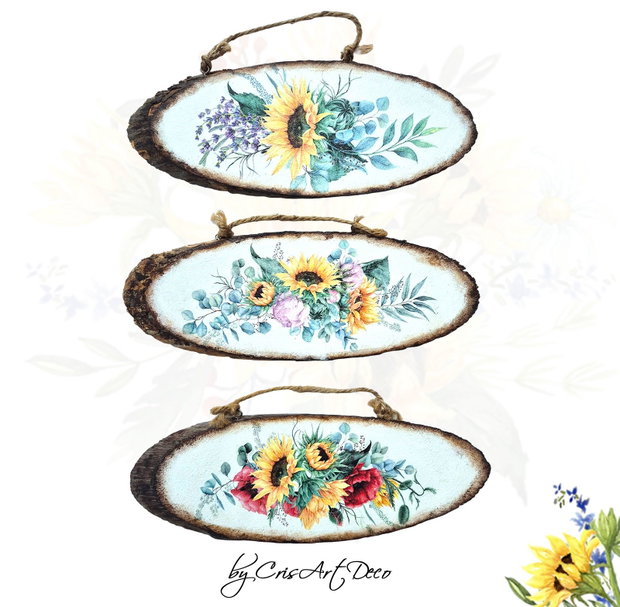 Set de tablouri pe felii de lemn cu buchete de floarea soarelui, maci, bujori, lavanda 131137