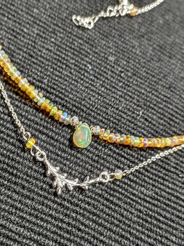 Colier argint opal de foc etiopian conector ramura lant argint minimalist boho chic trendy - Transport gratuit