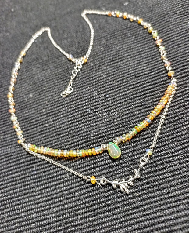 Colier argint opal de foc etiopian conector ramura lant argint minimalist boho chic trendy - Transport gratuit