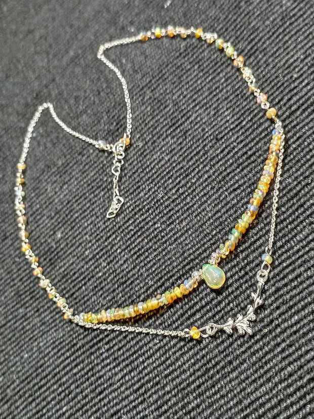 Colier argint opal de foc etiopian conector ramura lant argint minimalist boho chic trendy - Transport gratuit