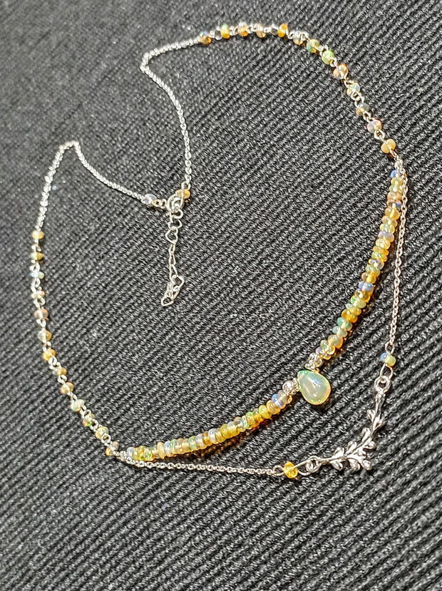 Colier argint opal de foc etiopian conector ramura lant argint minimalist boho chic trendy - Transport gratuit
