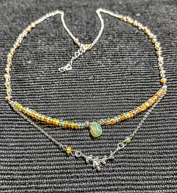 Colier argint opal de foc etiopian conector ramura lant argint minimalist boho chic trendy - Transport gratuit