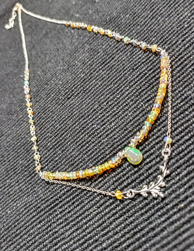 Colier argint opal de foc etiopian conector ramura lant argint minimalist boho chic trendy - Transport gratuit