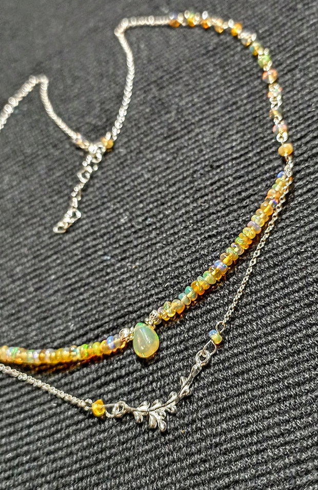 Colier argint opal de foc etiopian conector ramura lant argint minimalist boho chic trendy - Transport gratuit