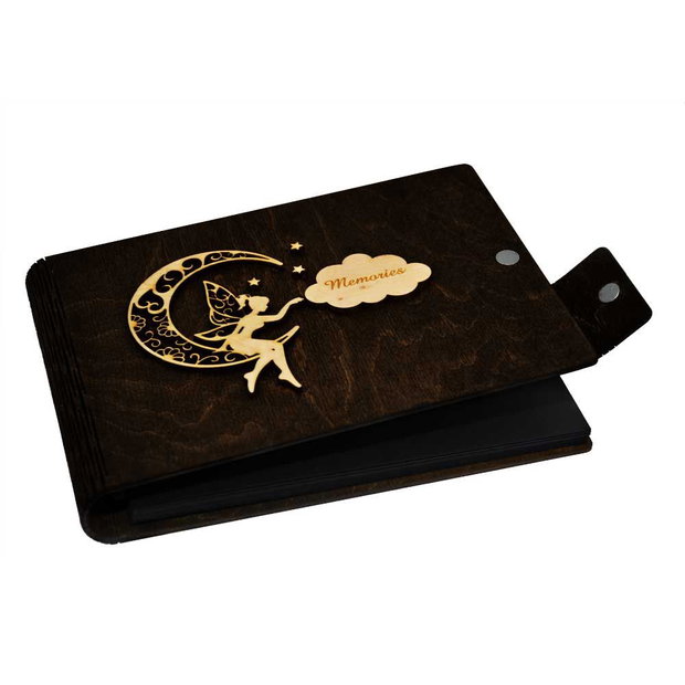 Album foto A5 personalizat, din lemn, Wenge, Piksel, GuestBook, Caiet amintiri pentru copii, Zana pe Luna