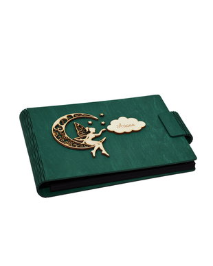 Album foto A5 personalizat, coperti din lemn, Verde inchis, Piksel, GuestBook, Caiet amintiri pentru copii, Zana pe Luna