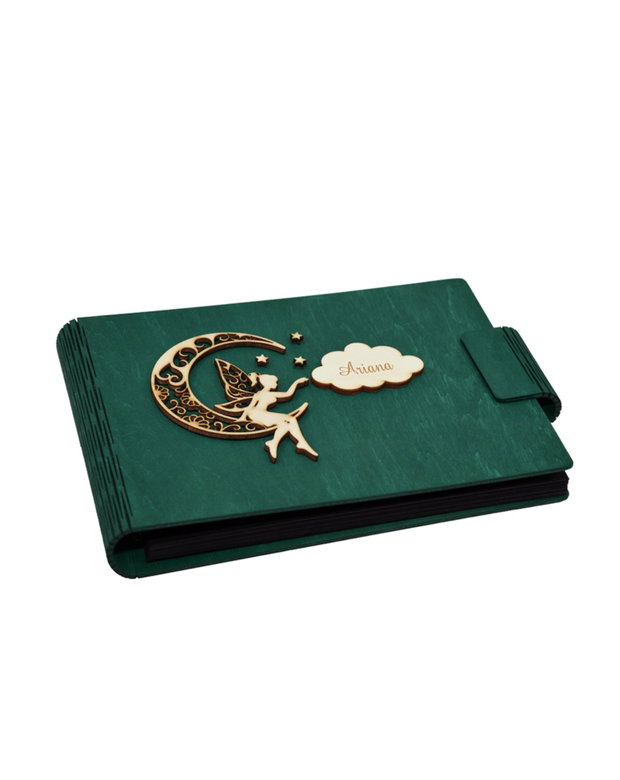 Album foto A5 personalizat, coperti din lemn, Verde inchis, Piksel, GuestBook, Caiet amintiri pentru copii, Zana pe Luna