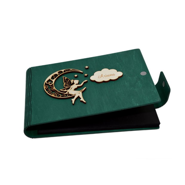 Album foto A5 personalizat, coperti din lemn, Verde inchis, Piksel, GuestBook, Caiet amintiri pentru copii, Zana pe Luna