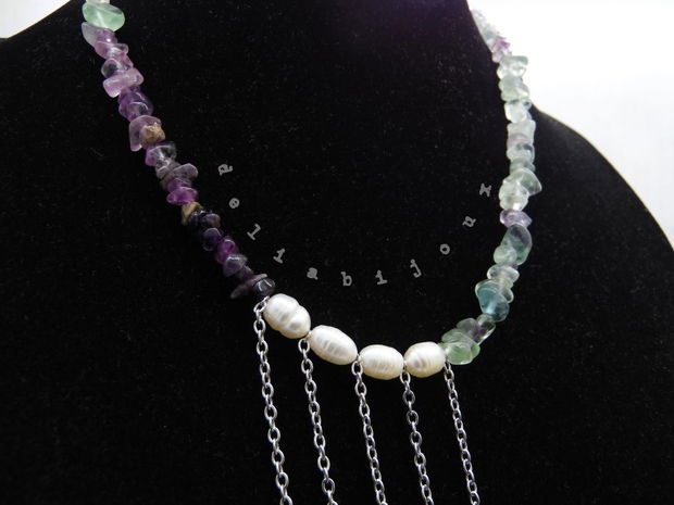 Colier handmade unicat - fluorit si perle cultura (cod1217)