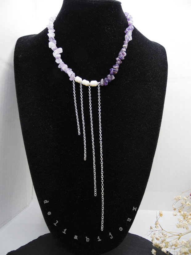 Colier handmade unicat - ametist, cuart si perle cultura (cod1219)